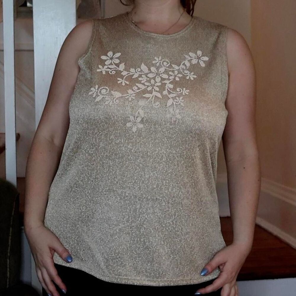 Gold Metallic Glittery Sleeveless Top XL JPLA Beaded Embroidery Party Vintage